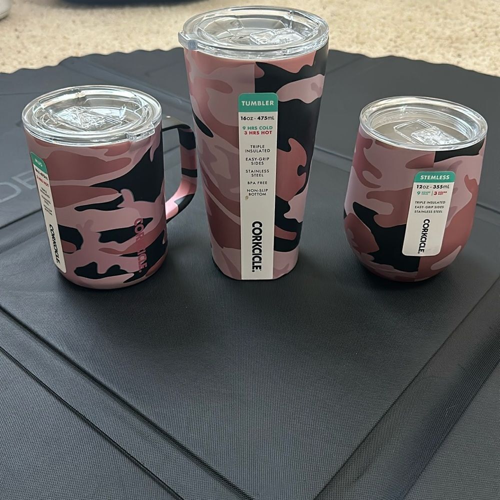 NWT Set of 3 Corkcicle Rose Camo Stemless, Mug, Tumbler
